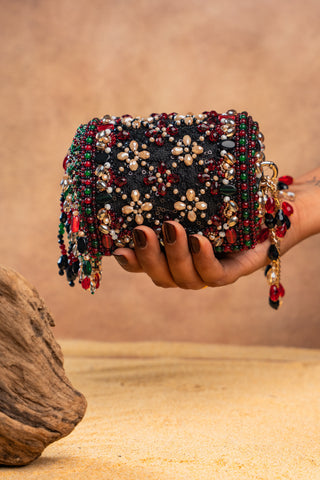 Maroon empress boshkeh cylinder bag, view 3, by Nayaab by Sonia at Mrs. G