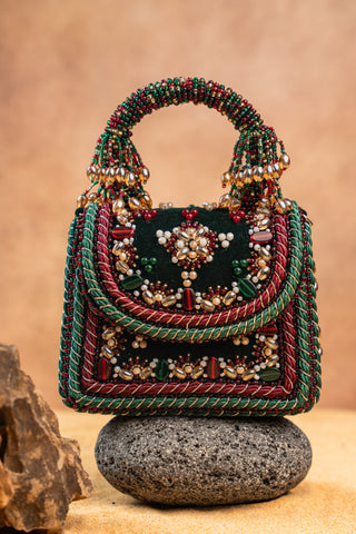 Green empress charm flap bag, front view, by Nayaab by Sonia at Mrs. G