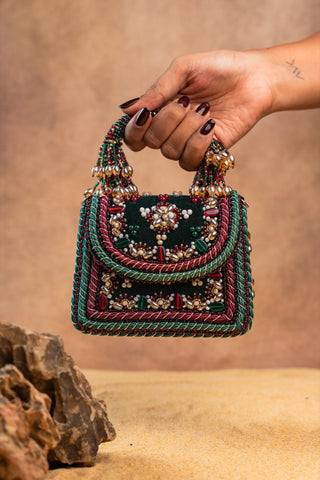 Green empress charm flap bag, view 3, by Nayaab by Sonia at Mrs. G