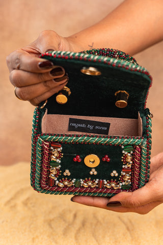 Green empress charm flap bag, view 6, by Nayaab by Sonia at Mrs. G