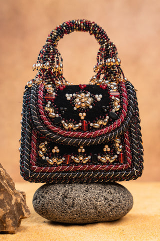 Black empress charm flap bag, front view, by Nayaab by Sonia at Mrs. G