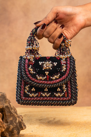 Black empress charm flap bag, view 3, by Nayaab by Sonia at Mrs. G