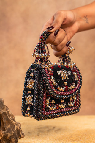 Black empress charm flap bag, view 4, by Nayaab by Sonia at Mrs. G