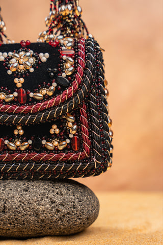 Black empress charm flap bag, view 6, by Nayaab by Sonia at Mrs. G