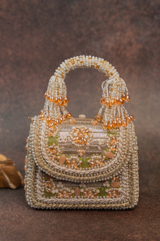 Gold empress charm flap bag, view 3, by Nayaab by Sonia at Mrs. G