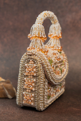 Gold empress charm flap bag, view 4, by Nayaab by Sonia at Mrs. G