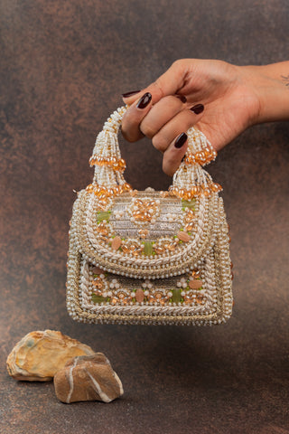 Gold empress charm flap bag, view 5, by Nayaab by Sonia at Mrs. G