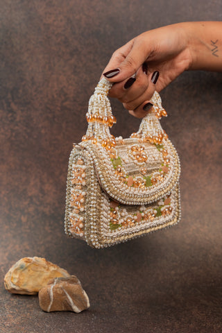 Gold empress charm flap bag, view 6, by Nayaab by Sonia at Mrs. G