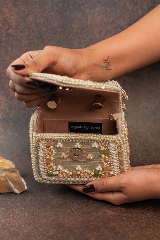 Gold empress charm flap bag, view 8, by Nayaab by Sonia at Mrs. G