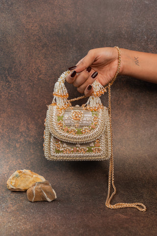 Gold empress charm flap bag, view 9, by Nayaab by Sonia at Mrs. G