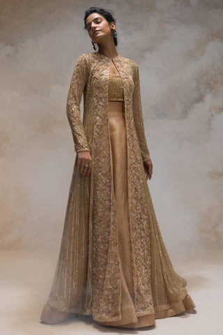 Gold embroidered jacket blouse and skirt set