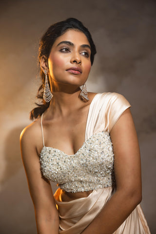 Peach one shoulder satin drape dress with corset blouse