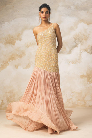 Peach one shoulder sequinced gown with flare