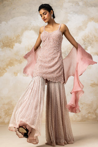 Peach heavy embroidered corset short kurta and sharara set