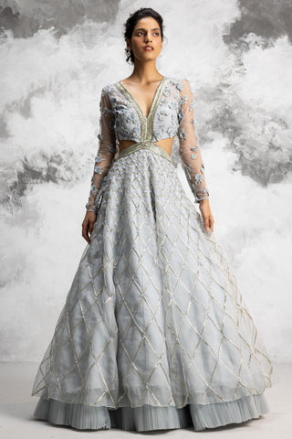 Powder blue 3D flower embroidered lehenga set