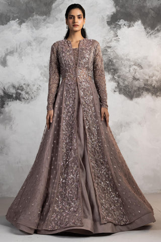 Dusty purple long embroidered gown with flared skirt set