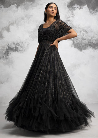 Black fluncy gathered gown jacket with bustier and skirt