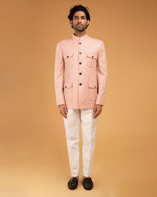 Peach jacquard patch pocket bandhgala
