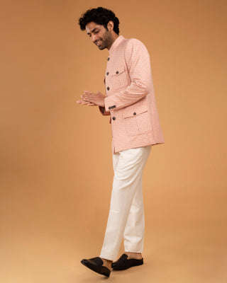 Peach jacquard patch pocket bandhgala