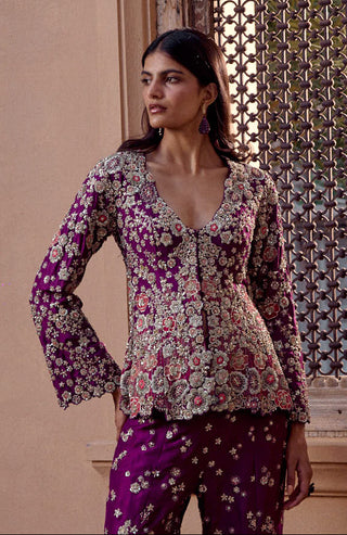 Three-quarter view of aubergine jacket and flared pants with scalloped peplum hem by Osaa by Adarsh at Mrs. G