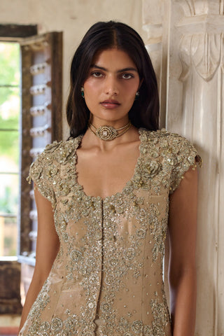 Close-up of 3D flowers, sequins and zardozi on the scoop neckline and cap sleeves by Osaa by Adarsh at Mrs. G