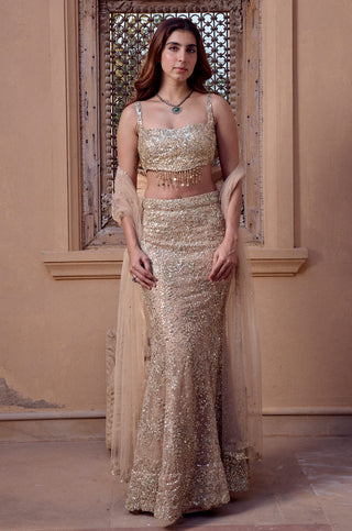 Front view of the beige champagne fishtail lehenga with fringed sweetheart blouse and sheer tulle dupatta by Osaa by Adarsh at Mrs. G