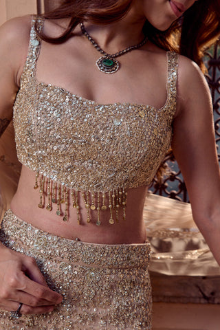 Close-up of the beige champagne sweetheart blouse with gold coin and bead fringe over a sequined skirt by Osaa by Adarsh at Mrs. G