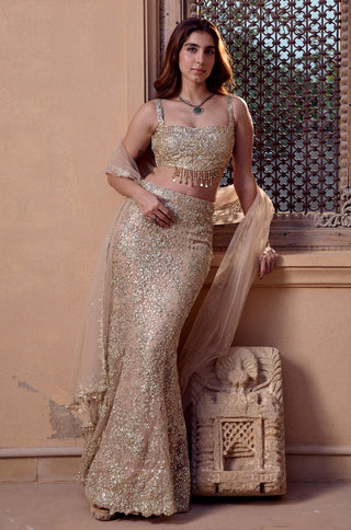 Side-leaning view of the beige champagne fishtail skirt showing the sequined flare and dupatta edge by Osaa by Adarsh at Mrs. G