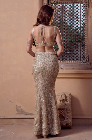 Back view of the beige champagne blouse with scooped tie-back and fitted sequin fishtail skirt by Osaa by Adarsh at Mrs. G