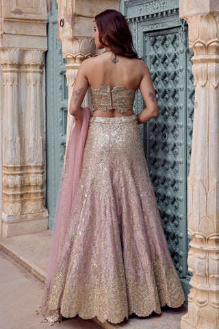 Back view of camellia pink strapless bustier and sequin lehenga with the tulle dupatta falling behind by Osaa by Adarsh at Mrs. G