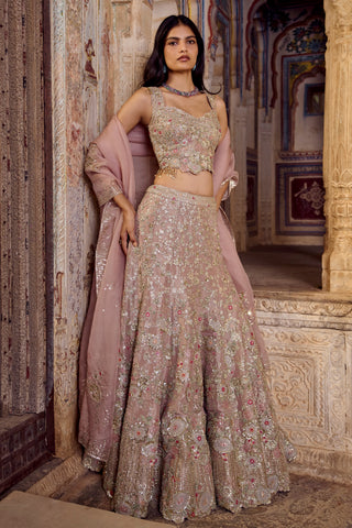 Front view of camellia pink scalloped zardozi lehenga set with sweetheart blouse and sheer dupatta by Osaa by Adarsh at Mrs. G