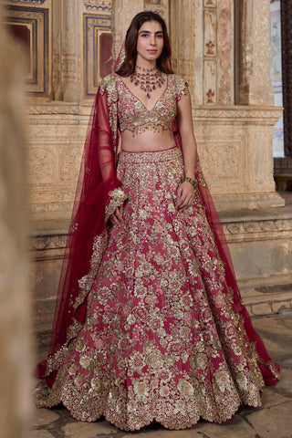 Full-length front view of deep berry lehenga with scalloped zardozi hem and red tulle dupatta by Osaa by Adarsh at Mrs. G