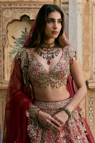 Waist-up view of deep berry V-neck cap-sleeve blouse with a red tulle dupatta over the head by Osaa by Adarsh at Mrs. G