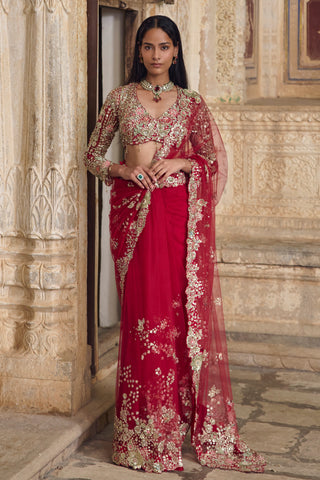 Front view of the deep berry tulle saree with scalloped zardozi border and full-sleeve embroidered blouse by Osaa by Adarsh at Mrs. G
