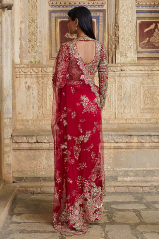 Back view of the deep berry saree with rounded open-back blouse and floral embroidery along the pallu by Osaa by Adarsh at Mrs. G
