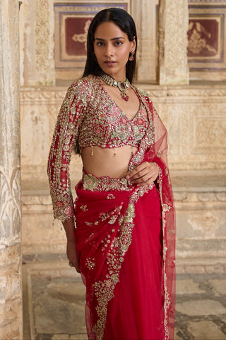 Waist-up view of the deep berry saree and full-sleeve blouse with scalloped embroidered border by Osaa by Adarsh at Mrs. G