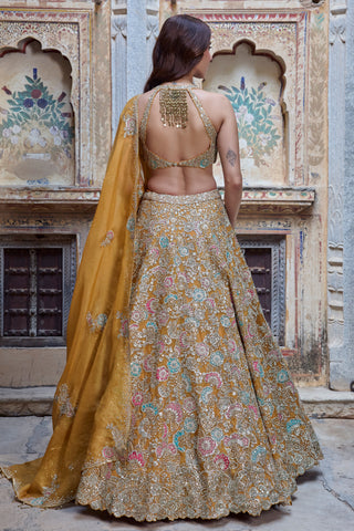 Back view of honey orange halter blouse with open back and tassel fringe at the nape by Osaa by Adarsh at Mrs. G