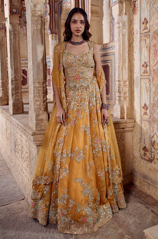 Front view of honey orange sweetheart zardozi lehenga set with tulle dupatta and flower border hem by Osaa by Adarsh at Mrs. G