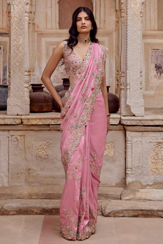 Front view of the lavender blush silk saree with scalloped floral border and sleeveless V-neck blouse by Osaa by Adarsh at Mrs. G