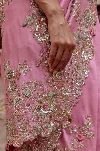 Close-up of the lavender blush saree border with zardozi flowers, sage leaves and sequins by Osaa by Adarsh at Mrs. G
