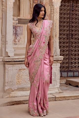 Three-quarter view of the lavender blush saree with floral border and embroidered hem by Osaa by Adarsh at Mrs. G