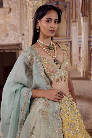 Waist-up view of the maize yellow V-neck cap-sleeve blouse with coin tassels and scalloped dupatta border by Osaa by Adarsh at Mrs. G