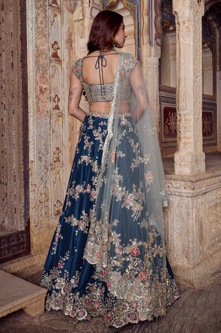 Back view of midnight blue tie-up open back blouse and scalloped floral hem border by Osaa by Adarsh at Mrs. G