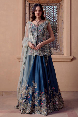 Front view of midnight blue peplum jacket lehenga set with light blue tulle dupatta by Osaa by Adarsh at Mrs. G