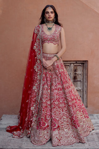 Front view of rosewood red bridal lehenga set with scalloped zardozi dupatta border and V-neck blouse by Osaa by Adarsh at Mrs. G
