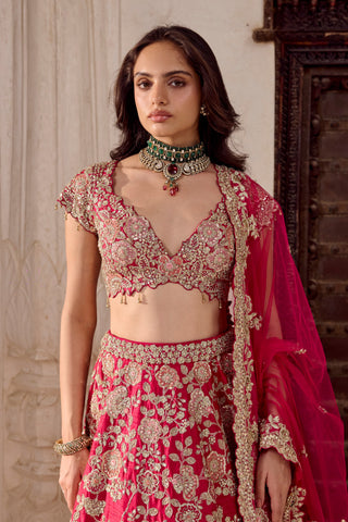 Waist-up view of ruby pink V-neck blouse with cap sleeves, gold tassels and zardozi flowers by Osaa by Adarsh at Mrs. G