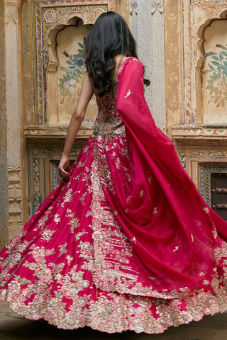 Back view in motion of ruby pink dupatta and embroidered hem border by Osaa by Adarsh at Mrs. G