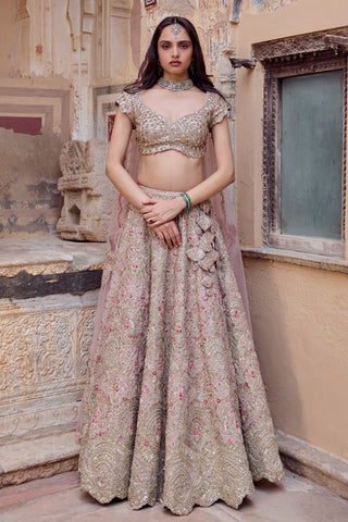 Front view of skin rose bridal lehenga with V-neck cap-sleeve blouse and petal appliqué at the hip by Osaa by Adarsh at Mrs. G