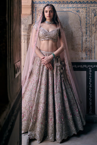 Skin rose bridal lehenga worn with the net over the head, full-length front view by Osaa by Adarsh at Mrs. G