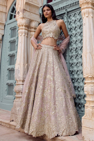 Low-angle front view of tan flared lehenga with all-over gold zardozi vines by Osaa by Adarsh at Mrs. G